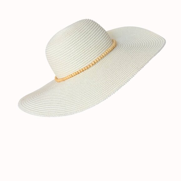New Day Wide Brim Straw Sun Hat Wooden Bead Band Size M Resort Chic Beach Cruise - Picture 12 of 16